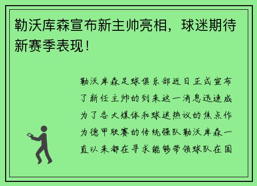勒沃库森宣布新主帅亮相，球迷期待新赛季表现！